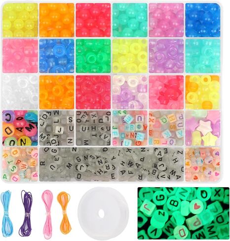 QVTWUT Glow in The Dark Pony Beads for Bracelets, 6x9mm Kandi Beads Neon for Necklace Jewelry, Bracelets Making, Hair Braiding, Crafts Braids Kits, 24 Color 1000 pcs in Kuwait