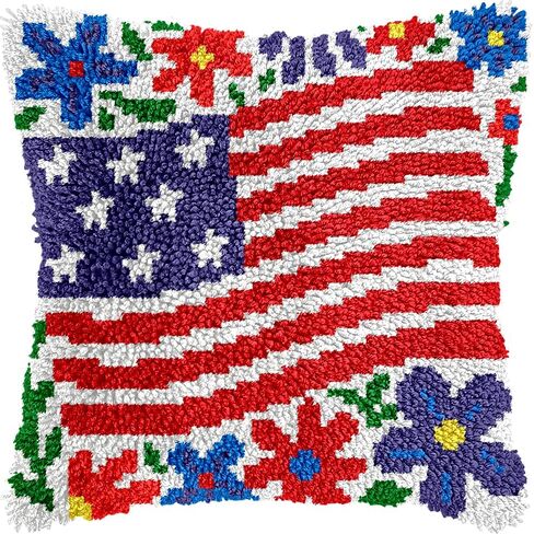 QIONG MENG Latch Hook Kits for Adults,DIY 4th of July Decorations Red White and Blue Independence Day Patriotic Pillow Cover Kit Needlework Cushion Cover Hand Craft Crochet Gifts 17 x 17 Inch in Kuwait