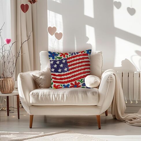 QIONG MENG Latch Hook Kits for Adults,DIY 4th of July Decorations Red White and Blue Independence Day Patriotic Pillow Cover Kit Needlework Cushion Cover Hand Craft Crochet Gifts 17 x 17 Inch in Kuwait