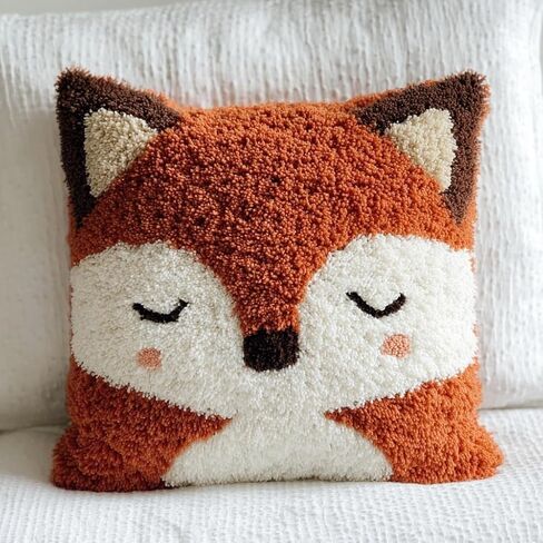Latch Hook Pillow Kit Cartoon Cute Red Fox with Pre-Printed Pillow Cover DIY Pillowcase Crochet Yarn Hooking Craft Set for Hobby and Home Decor 43x43cm-3 in Kuwait