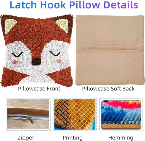 Latch Hook Pillow Kit Cartoon Cute Red Fox with Pre-Printed Pillow Cover DIY Pillowcase Crochet Yarn Hooking Craft Set for Hobby and Home Decor 43x43cm-3 in Kuwait