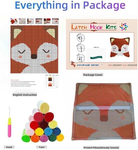 Latch Hook Pillow Kit Cartoon Cute Red Fox with Pre-Printed Pillow Cover DIY Pillowcase Crochet Yarn Hooking Craft Set for Hobby and Home Decor 43x43cm-3 in Kuwait