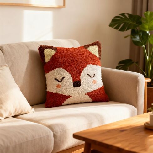Latch Hook Pillow Kit Cartoon Cute Red Fox with Pre-Printed Pillow Cover DIY Pillowcase Crochet Yarn Hooking Craft Set for Hobby and Home Decor 43x43cm-3 in Kuwait