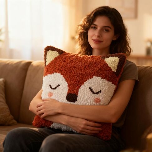 Latch Hook Pillow Kit Cartoon Cute Red Fox with Pre-Printed Pillow Cover DIY Pillowcase Crochet Yarn Hooking Craft Set for Hobby and Home Decor 43x43cm-3 in Kuwait