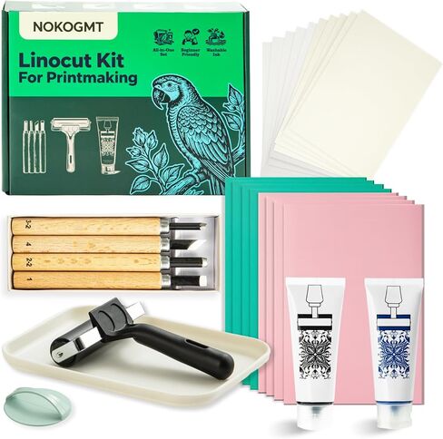 47 Pcs Linocut Kit for Printmaking, Block Printing Kit with 2 Washable Inks (Black & Blue), 4 Rubber & 4 PVC Blocks, Premium Rubber Brayer, Linocut Carving Tools - Stamp Making Kit for Beginners in Kuwait