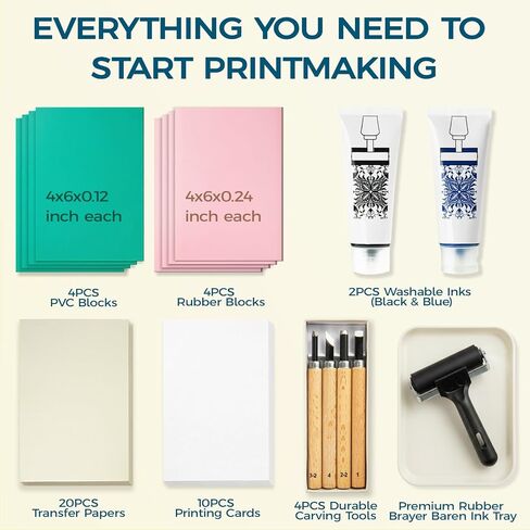 47 Pcs Linocut Kit for Printmaking, Block Printing Kit with 2 Washable Inks (Black & Blue), 4 Rubber & 4 PVC Blocks, Premium Rubber Brayer, Linocut Carving Tools - Stamp Making Kit for Beginners in Kuwait