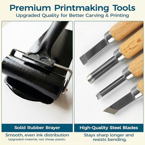 47 Pcs Linocut Kit for Printmaking, Block Printing Kit with 2 Washable Inks (Black & Blue), 4 Rubber & 4 PVC Blocks, Premium Rubber Brayer, Linocut Carving Tools - Stamp Making Kit for Beginners in Kuwait