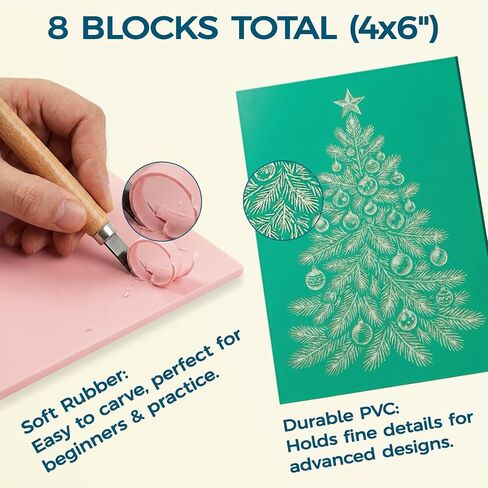 47 Pcs Linocut Kit for Printmaking, Block Printing Kit with 2 Washable Inks (Black & Blue), 4 Rubber & 4 PVC Blocks, Premium Rubber Brayer, Linocut Carving Tools - Stamp Making Kit for Beginners in Kuwait
