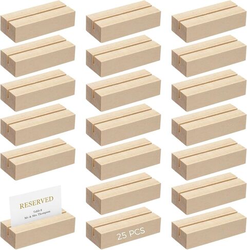 Varku 25 Pcs Wooden Postcard Holders, Brown Pinewood Card Stands for Photos, Notes, and Cards, Dual Slot Design, Stable and Quality for Weddings, Parties, and Home Decor in Kuwait