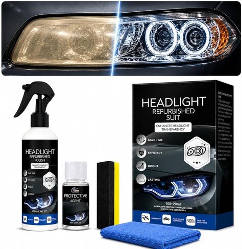 Automotive Headlight Restoration Kit - Fast & Easy Car Headlight Cleaner for Oxidized, Yellowed Headlamps - Refurbishing Fluid Restores Clarity & Brightness for All Vehicle Types in Kuwait