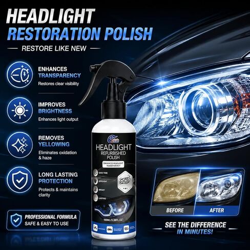 Automotive Headlight Restoration Kit - Fast & Easy Car Headlight Cleaner for Oxidized, Yellowed Headlamps - Refurbishing Fluid Restores Clarity & Brightness for All Vehicle Types in Kuwait
