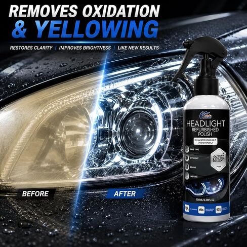 Automotive Headlight Restoration Kit - Fast & Easy Car Headlight Cleaner for Oxidized, Yellowed Headlamps - Refurbishing Fluid Restores Clarity & Brightness for All Vehicle Types in Kuwait