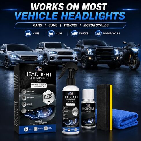 Automotive Headlight Restoration Kit - Fast & Easy Car Headlight Cleaner for Oxidized, Yellowed Headlamps - Refurbishing Fluid Restores Clarity & Brightness for All Vehicle Types in Kuwait