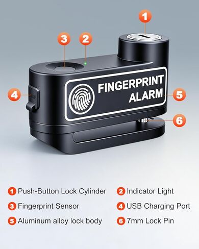Motorcycle Disc Lock with Fingerprint Unlock, 120dB Anti-Theft Waterproof Alarm Brake Lock, 7mm Pin & 5ft Reminder Cable, for Motorcycles Bike Scooter in Saudi Arabia