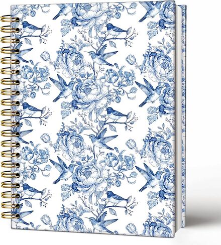 SkyCozy Chinoiserie Hummingbird Floral Notebook Journal، مجلة الطيور الزهرية الزرقاء للنساء، هدايا الطائر الطنان للنساء، دفتر ملاحظات حلزوني ذو غلاف صلب باللونين الأزرق والأبيض 5.5 × 8.3 بوصة in Kuwait