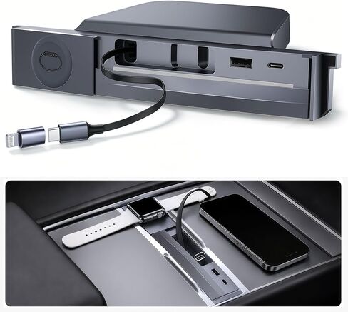 LOWEEY USB Hub for Tesla Model Y Juniper 2025-2026 & Model 3 Highland 2024-2026 Accessories, Retractable Phone Charger with Adapters&Watch Magnetic Charging Dock Multi Port Center Console Dock Station in Kuwait
