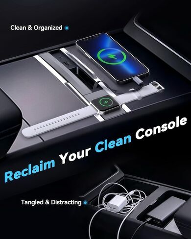 LOWEEY USB Hub for Tesla Model Y Juniper 2025-2026 & Model 3 Highland 2024-2026 Accessories, Retractable Phone Charger with Adapters&Watch Magnetic Charging Dock Multi Port Center Console Dock Station in Kuwait