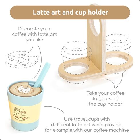 لعبة UMU® Coffee to Go الخشبية - مجموعة خدمة القهوة للأطفال من سن 3 سنوات، ملحقات لعب الأدوار مكونة من 15 قطعة، كوب قهوة خشبي ومجموعة لعب باريستا in Kuwait