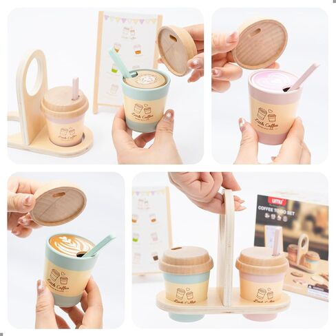 لعبة UMU® Coffee to Go الخشبية - مجموعة خدمة القهوة للأطفال من سن 3 سنوات، ملحقات لعب الأدوار مكونة من 15 قطعة، كوب قهوة خشبي ومجموعة لعب باريستا in Kuwait