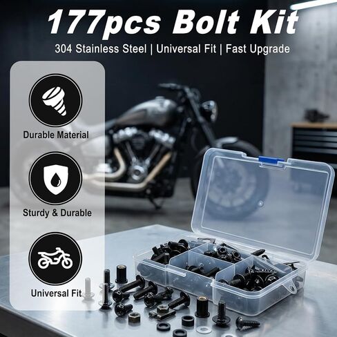 177PCS Motorcycle Fairing Bolt Kit, M5 M6 Stainless Windscreen Screw Set, Universal Fairing Bolt Kit for Kawasaki, Suzuki, Honda, Yamaha, BMW, Ducati & GSXR (Black) in Kuwait