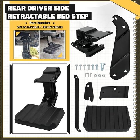 خطوة سرير مصد خلفي قابلة للسحب لسيارة Ford F-250 Super Duty 2023-2025، خطوة سرير شاحنة قابلة للطي على الجانب الأيسر للسائق، بديل متوافق لـ VPC3Z-17A958-D in Kuwait