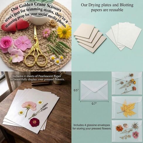 Kaokane Flower Press Kit, 9x9 Wooden Flower Pressing kit with 4 Reusable Drying Plates & 4 Blotting Papers, Dried Flowers Art for Wedding, Pressed Flower kit Herbarium Press Botanical Press kit in Kuwait