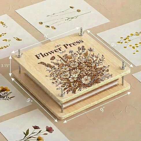 Kaokane Flower Press Kit, 9x9 Wooden Flower Pressing kit with 4 Reusable Drying Plates & 4 Blotting Papers, Dried Flowers Art for Wedding, Pressed Flower kit Herbarium Press Botanical Press kit in Kuwait
