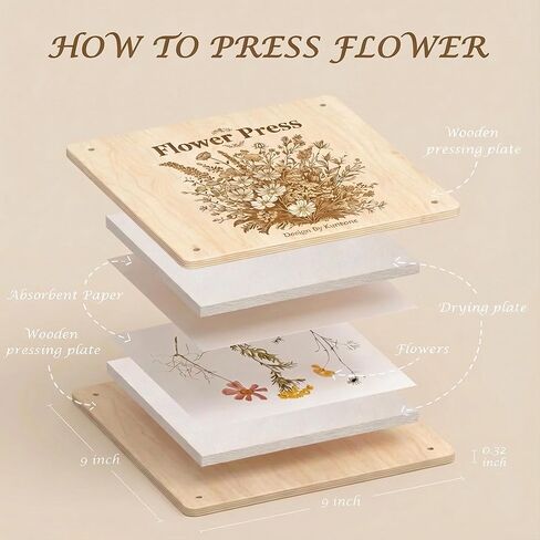 Kaokane Flower Press Kit, 9x9 Wooden Flower Pressing kit with 4 Reusable Drying Plates & 4 Blotting Papers, Dried Flowers Art for Wedding, Pressed Flower kit Herbarium Press Botanical Press kit in Kuwait