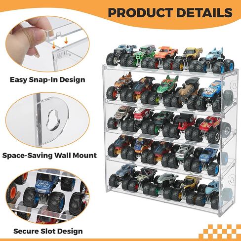 25 Monster Trucks Display Case for 1:64 Scale Monster Trucks, 5-Tier Clear Monster Truck Storage Organizer, Wall Mount Display Shelf Holds 25 Trucks, Toy Car Display Case for Collectors & Kids in Kuwait