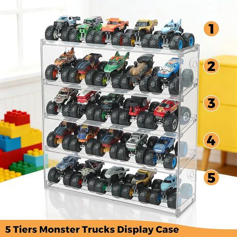 25 Monster Trucks Display Case for 1:64 Scale Monster Trucks, 5-Tier Clear Monster Truck Storage Organizer, Wall Mount Display Shelf Holds 25 Trucks, Toy Car Display Case for Collectors & Kids in Kuwait