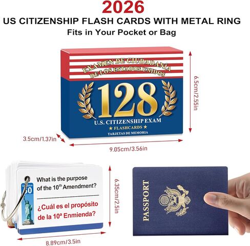 Tarjetas de Ciudadanía 2026 (Inglés y Español): 128 Preguntas y Respuestas Oficiales USCIS مع Anillo Metálico، بطاقات فلاش اختبار المواطنة الأمريكية (الإسبانية) in Kuwait