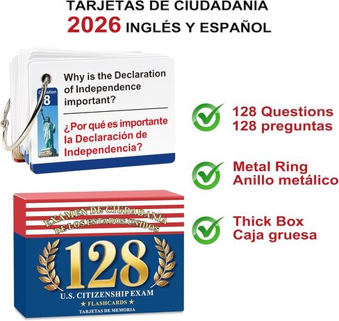 Tarjetas de Ciudadanía 2026 (Inglés y Español): 128 Preguntas y Respuestas Oficiales USCIS مع Anillo Metálico، بطاقات فلاش اختبار المواطنة الأمريكية (الإسبانية) in Kuwait