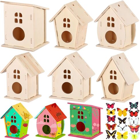 Sawysine 93 Pcs DIY Birdhouse Kits for Kids to Build, 36 Wooden Bird House 6 Shapes and 57 Butterfly Sticker for Children Spring Craft Activity Art Project DIY (Multiple Entrance) in Kuwait