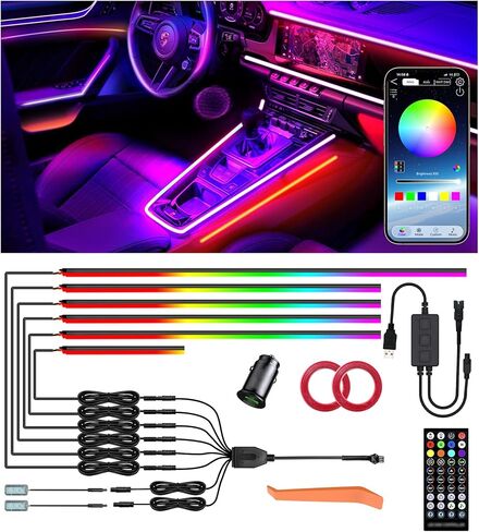 KENANEK 55.12 بوصة 6 في 1 مصابيح تسلا الداخلية، 5 فولت USB ونوع C، أضواء شريط LED داخلية للسيارة من الأكريليك، مزامنة الموسيقى التي يتم التحكم فيها من خلال التطبيق، إضاءة محيطة على طراز OEM مع تأثيرات Dreamcolor in Kuwait