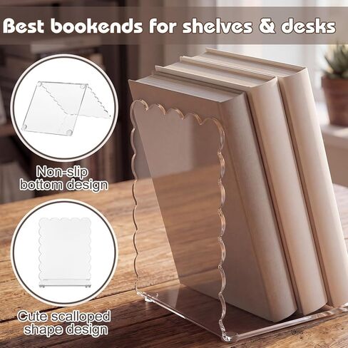 4 Pcs Scalloped Acrylic Bookends Clear Book Ends for Shelve Transparent Bookend Organizer Decorative Non Slip Book Holders for School Library Office Cd File Video Games in Kuwait