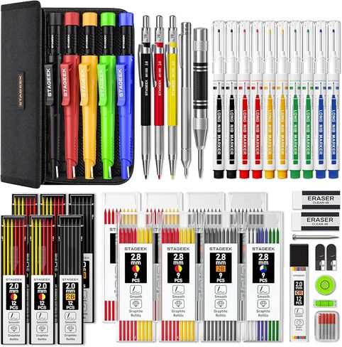 STAGEEK 38 Pack Carpenter Pencils Set With 108 Refills, Construction Pencil With Sharpener, Deep Hole Long-Nib Marker Pens, Automatic Center Punch and Carbide Scribe Tool for Woodworking with Case in Kuwait