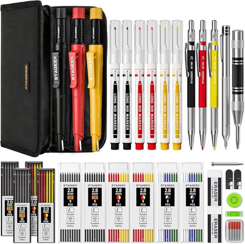 STAGEEK 38 Pack Carpenter Pencils Set With 108 Refills, Construction Pencil With Sharpener, Deep Hole Long-Nib Marker Pens, Automatic Center Punch and Carbide Scribe Tool for Woodworking with Case in Kuwait