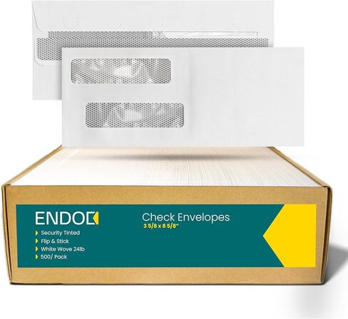 EnDoc 500#8 مغلفات فحص نافذة مزدوجة ذاتية الغلق، قلاب وعصا، 3 5/8 × 8 5/8 بوصة مظاريف أمان لفحص QuickBooks، مظاريف عمل بنمط ملون للخصوصية، ورق أبيض ساطع بوزن 24 رطل in Kuwait