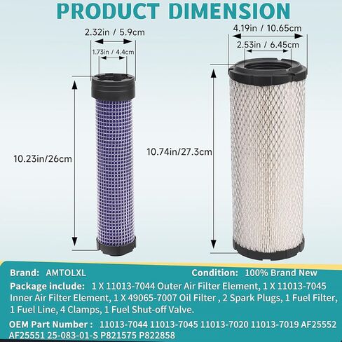 11013-7044 & 11013-7045 Inner & Outer Air Filter & 49065-7007 oil filter Compatiable with Kawasaki FX651V FX691V FX730V FX751V FX801V FX850V FX1000V with Spark Plug in Kuwait