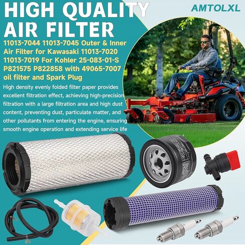 11013-7044 & 11013-7045 Inner & Outer Air Filter & 49065-7007 oil filter Compatiable with Kawasaki FX651V FX691V FX730V FX751V FX801V FX850V FX1000V with Spark Plug in Kuwait