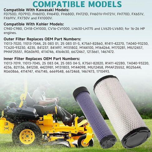 11013-7044 & 11013-7045 Inner & Outer Air Filter & 49065-7007 oil filter Compatiable with Kawasaki FX651V FX691V FX730V FX751V FX801V FX850V FX1000V with Spark Plug in Kuwait