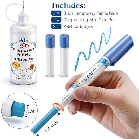 Temporary Fabric Glue Kit, 3.4oz Water Soluble Sewing Adhesive with Disappearing Blue Glue Pen and 2 Refills for Quilting, EPP, Applique, Patchwork and Fabric Basting in Kuwait
