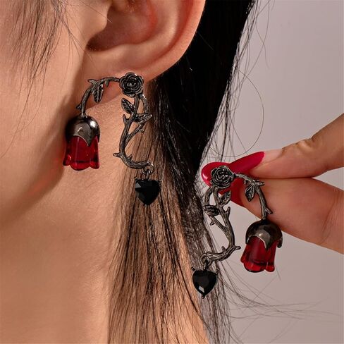Heart Thorn Rose Flower Earrings for Women Girls Gothic Punk Vintage Black Rose Petal Love Shape Metal Barbed Wire Lightweight Dangle Drop Earrings for Hip Hop Party Trendy Jewelry Gifts in Saudi Arabia