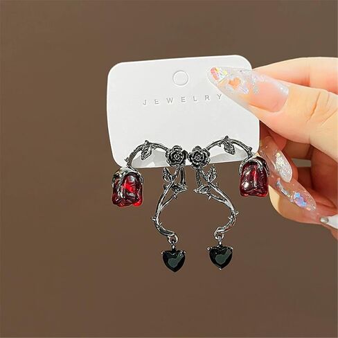Heart Thorn Rose Flower Earrings for Women Girls Gothic Punk Vintage Black Rose Petal Love Shape Metal Barbed Wire Lightweight Dangle Drop Earrings for Hip Hop Party Trendy Jewelry Gifts in Saudi Arabia