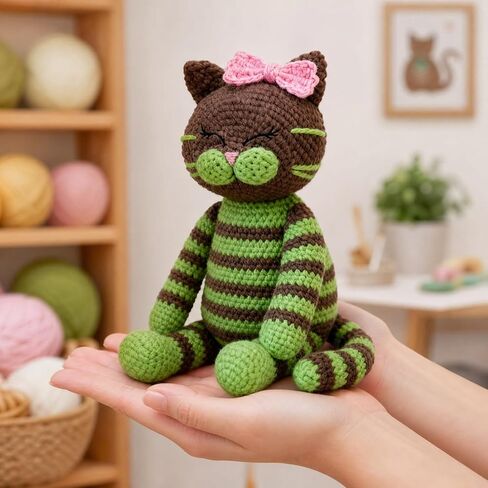 Beginner Friendly Striped Cat Crochet Kit with Bow, Amigurumi DIY Craft Pack, Supplied with Yarn and Craft Tools Black Purple Stripe in Kuwait