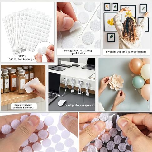 Hook and Loop Self Adhesive Dots, 1080Pcs (540 Pairs) 0.39 Inch Small Round Sticky Back Circles, Strong Adhesive Fastener Dots for Classroom, Office, Home, Balloon Decoration, DIY Crafts, White in Kuwait