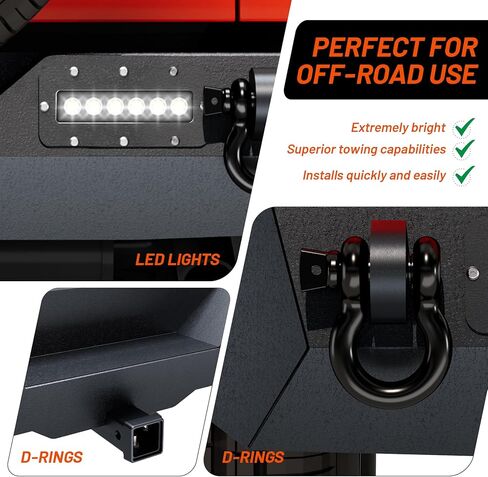 المصد الخلفي من GarveeTech متوافق مع 2007-2018 Wrangler JK وUnlimited JKU (2/4 أبواب)، مصد عرض كامل لزاحف الصخور على الطرق الوعرة مع 2 مصباح LED وحلقتين على شكل حرف D in Kuwait