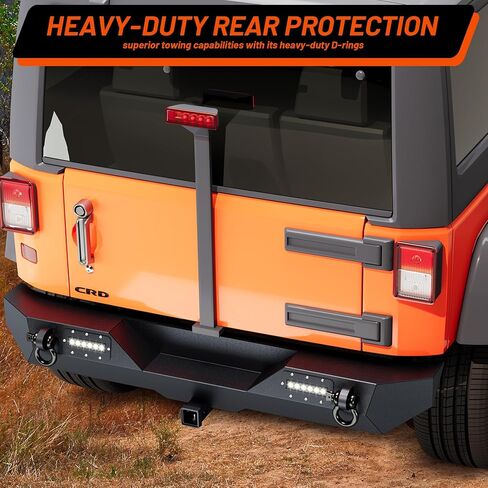 المصد الخلفي من GarveeTech متوافق مع 2007-2018 Wrangler JK وUnlimited JKU (2/4 أبواب)، مصد عرض كامل لزاحف الصخور على الطرق الوعرة مع 2 مصباح LED وحلقتين على شكل حرف D in Kuwait