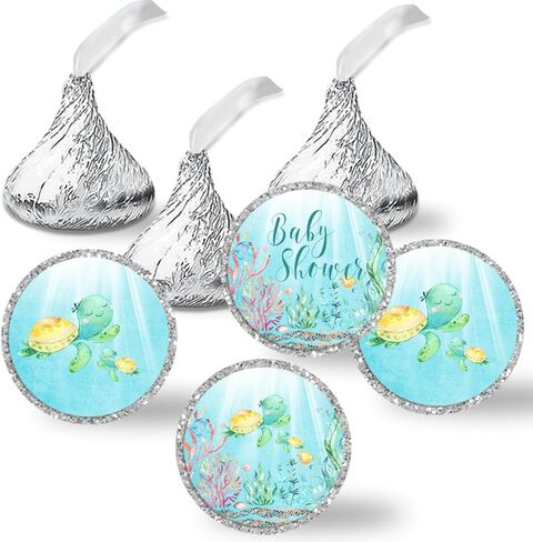 Little Hatchling Cute Sea Turtle Sea Life Baby Sprinkle Baby Shower Kiss Sticker Labels, 300 Party Circle Stickers sized 0.75" for Chocolate Drop Kisses by Amanda Creation, Great for Favors, Treats, Envelope Seals & Goodie Bags in Saudi Arabia