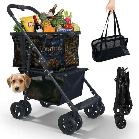 Folding Shopping Cart & Pet，110lbs ，2-in-1 Personal Cart with Removable Basket & Lower Dogs Stroller，Single-Hand Fold, Collapsible Utility Trolley Cart for Groceries, Laundry, Camping & Pet Traveling in Kuwait